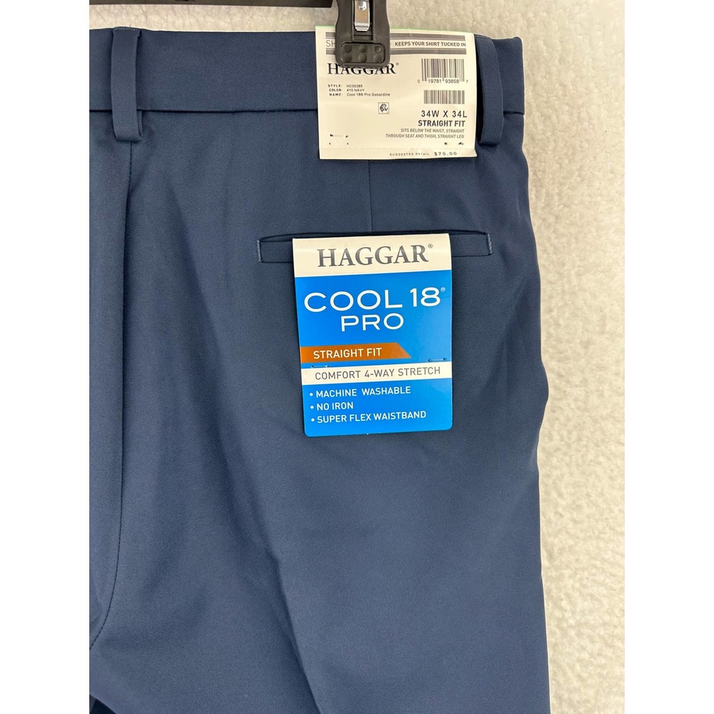 HAGGAR Men's Cool 18 PRO Blue Stretch Straight Fit Flat Front Dress Pants 34x34 - Picture 9 of 10